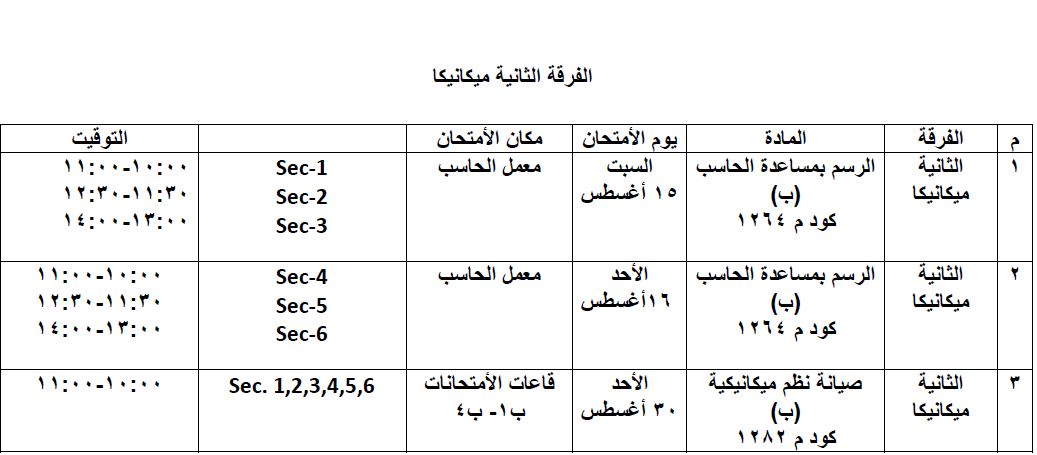 جدول امتحانات العملى تانية ميكا